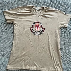 Moncler Beige Short Sleeve Logo Tee with Red Trim
